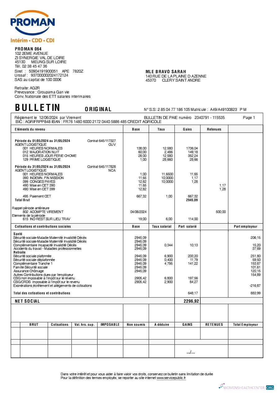 Proman recrutement payslip (in French language) template in Word and PDF formats, version 2.pdf, 1